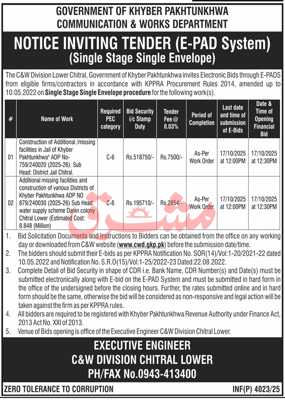 Communication & Works Department KPK Tender Notice